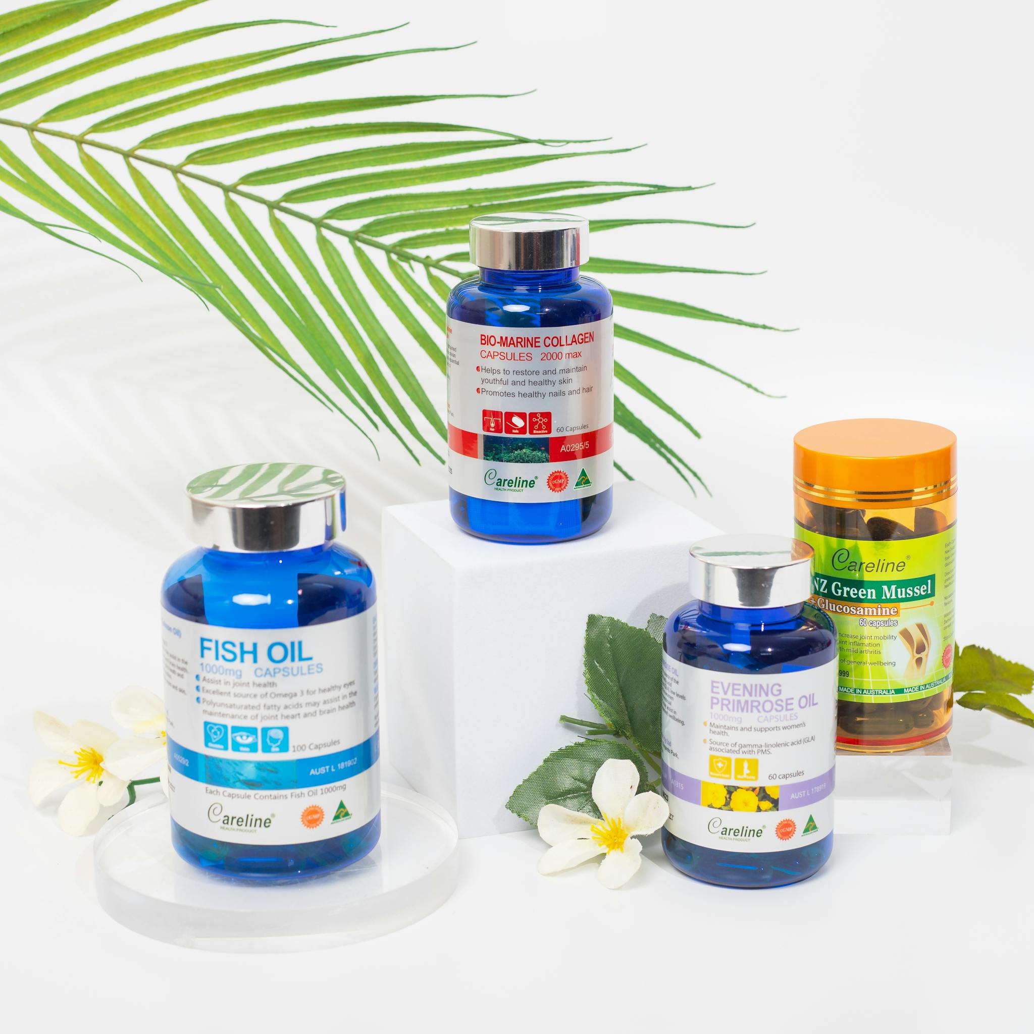 An elegant arrangement of health supplements on a white background with a tropical fern leaf.